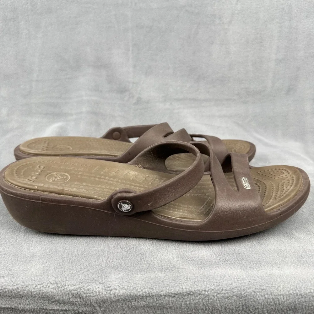 Crocs Women's W11 Brown Two Strap Slide Sandals Comfort Casual‎